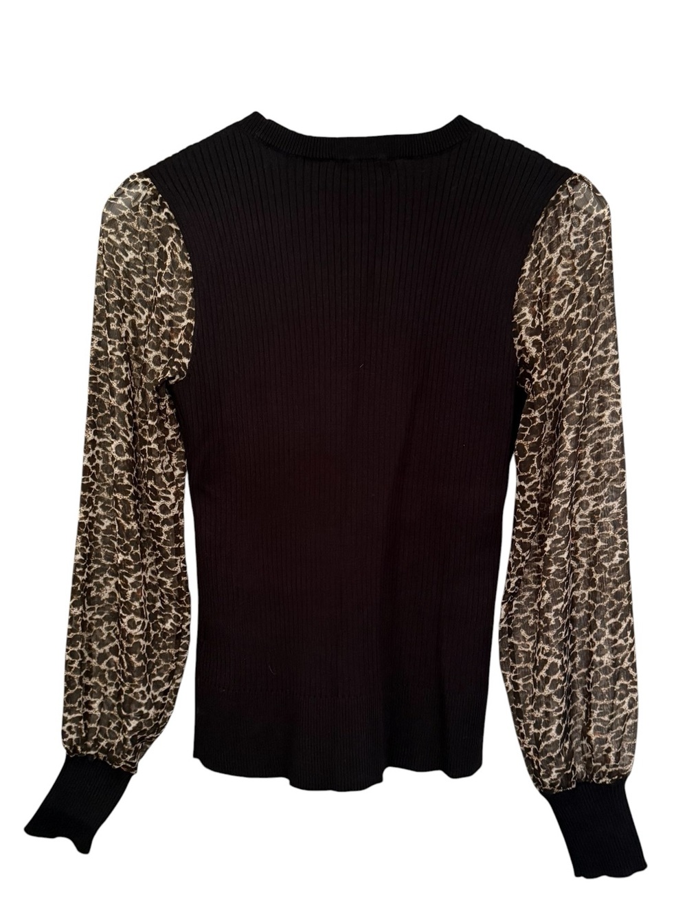 DKNY Women's Sweater Size Small Black Ribbed Sheer Leopard Long Sleeve Top - Picture 2 of 10
